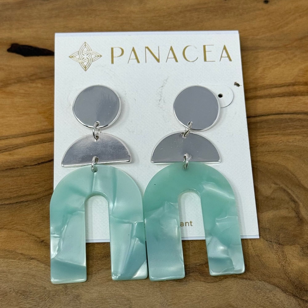 Panacea Geometric Drop Earrings Mint Green Silver Marbled Resin Boho Modern